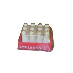 Vintage Fresh A Milk Miniature‎ Toy Milk Bottles w Red Crate Carrier Retro